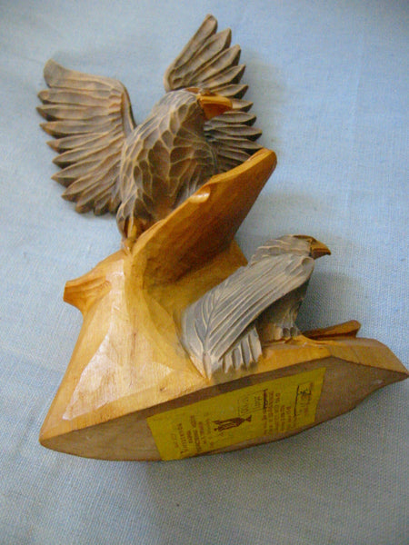 Russian Hand Carved Eagle Falcon With Baby Wood Sculpture - Designer Unique Finds 