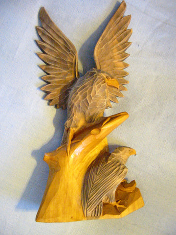 Russian Hand Carved Eagle Falcon With Baby Wood Sculpture - Designer Unique Finds 