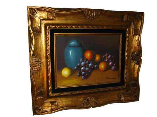 Kance Still Life Fruits Blue Jar Signed Oil On Canvas