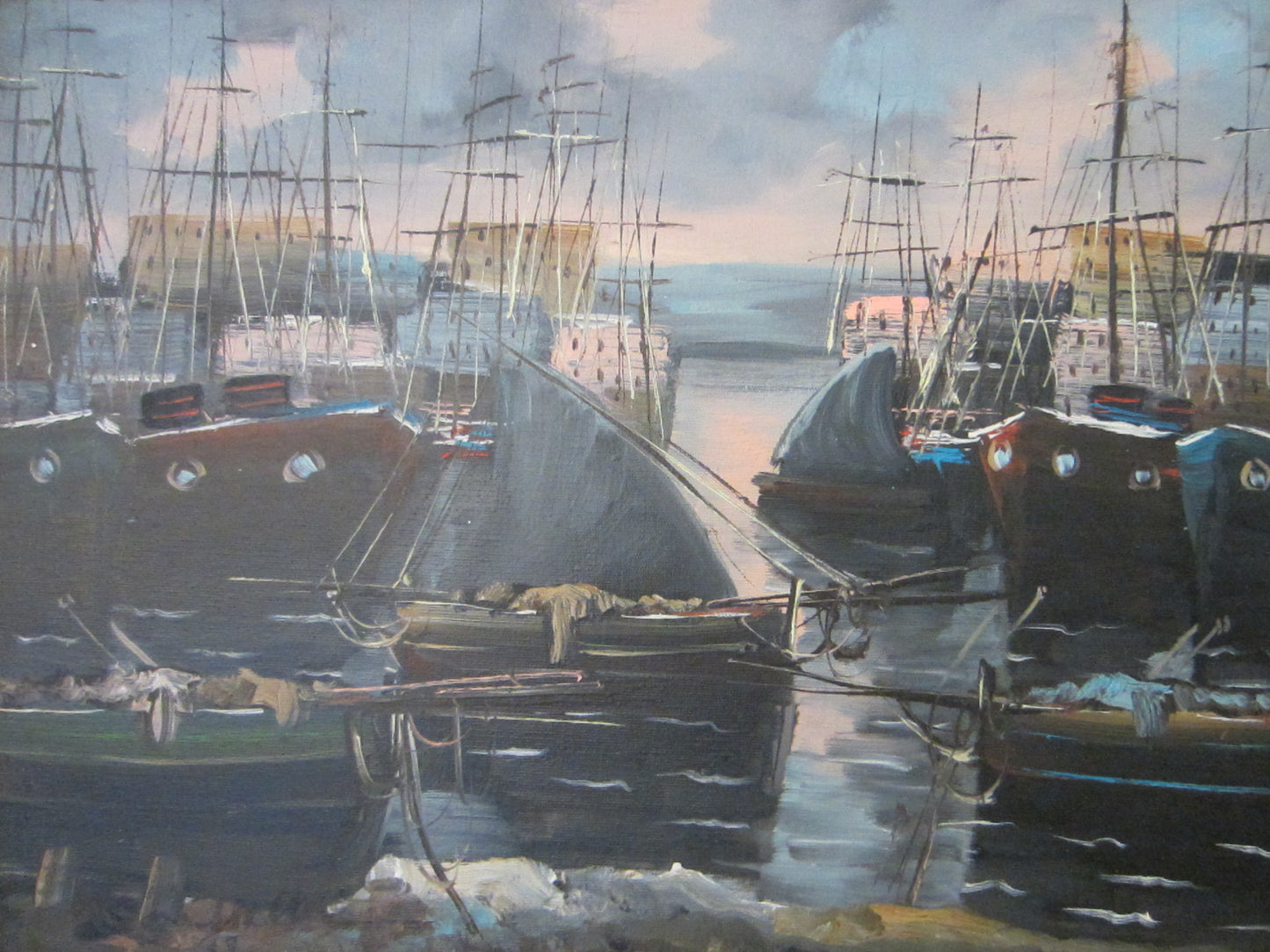 Impressionist Sail Boats Harbor Bay Nautical Signed Oil On Canvas