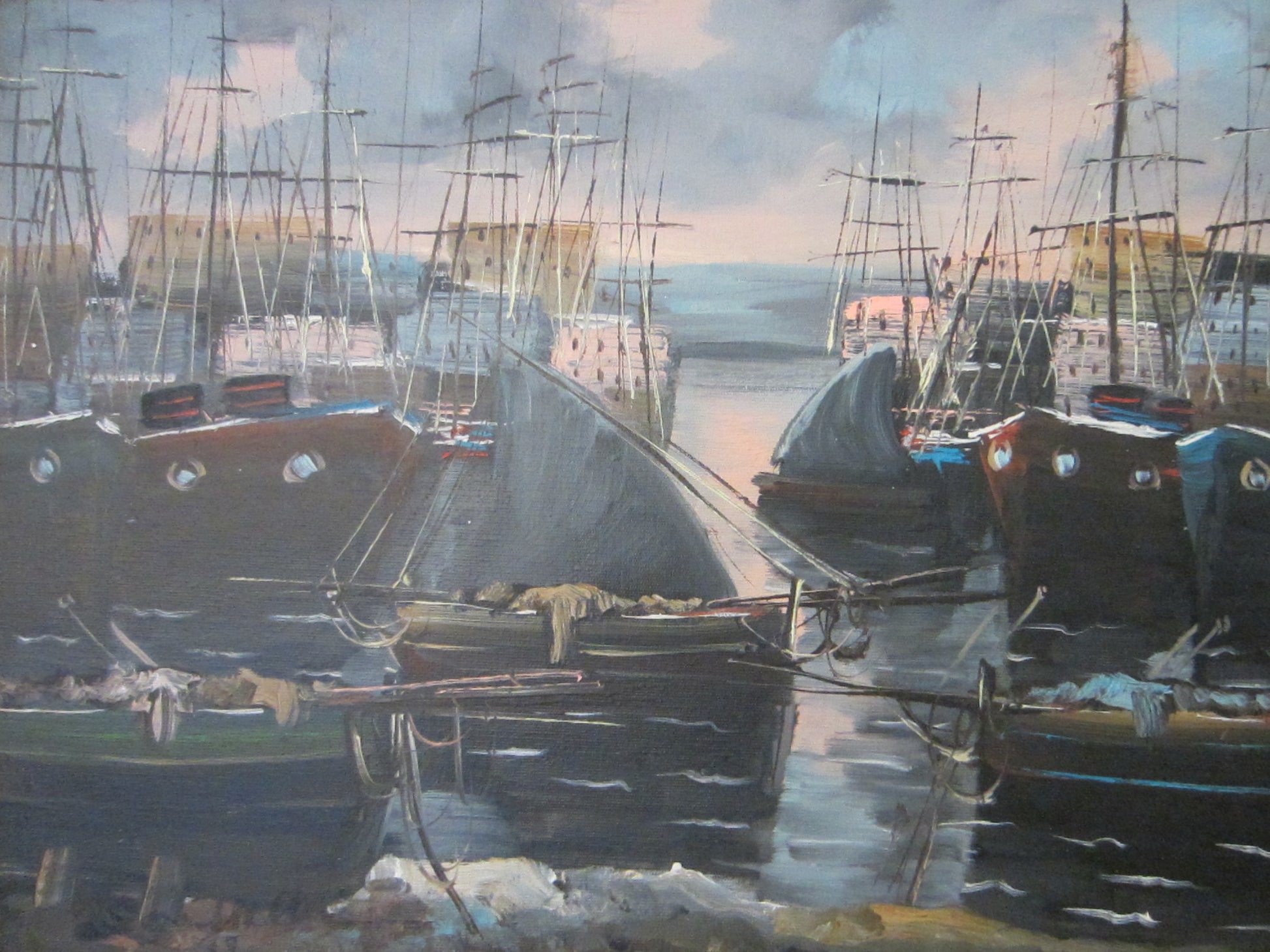 Impressionist Sail Boats Harbor Bay Nautical Signed Oil On Canvas