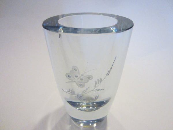 Strombergshyttan Sweden Butterfly Vase Signed Art Crystal Vase - Designer Unique Finds 