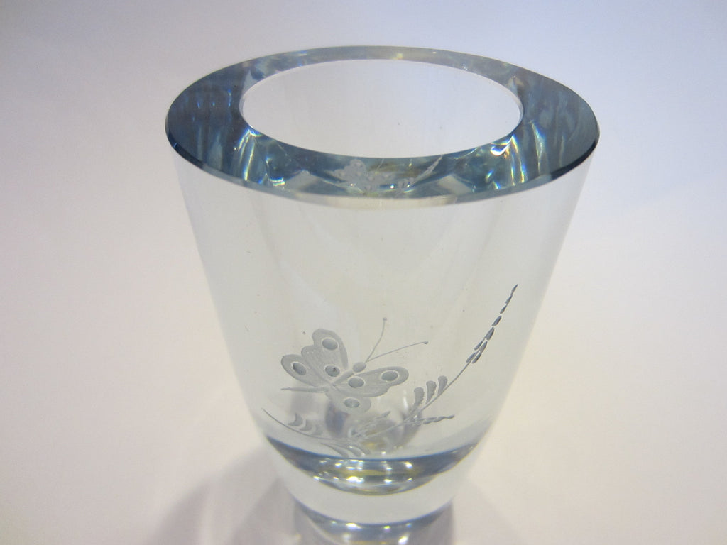 Strombergshyttan Sweden Butterfly Vase Signed Art Crystal Vase - Designer Unique Finds 