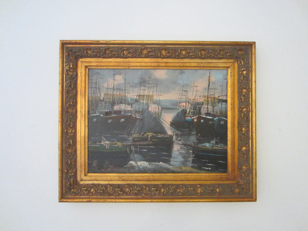 Impressionist Sail Boats Harbor Bay Nautical Signed Oil On Canvas