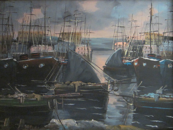 Impressionist Sail Boats Harbor Bay Nautical Signed Oil On Canvas