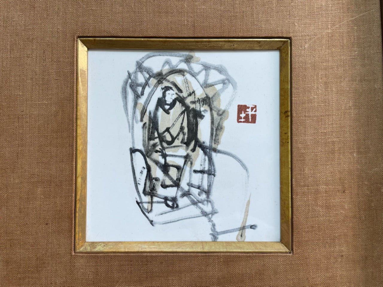Japanese Abstract Painting On Porcelain Tile Signed By Artist