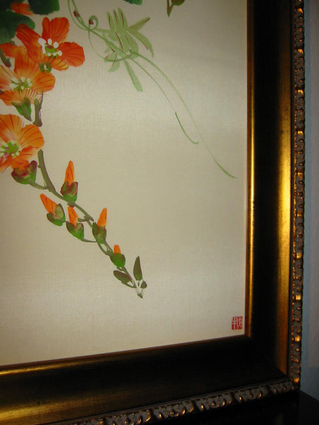 Asian Botanical Watercolor On Silk Decorated Bird Flowers Artist Calligraphy - Designer Unique Finds 
 - 5
