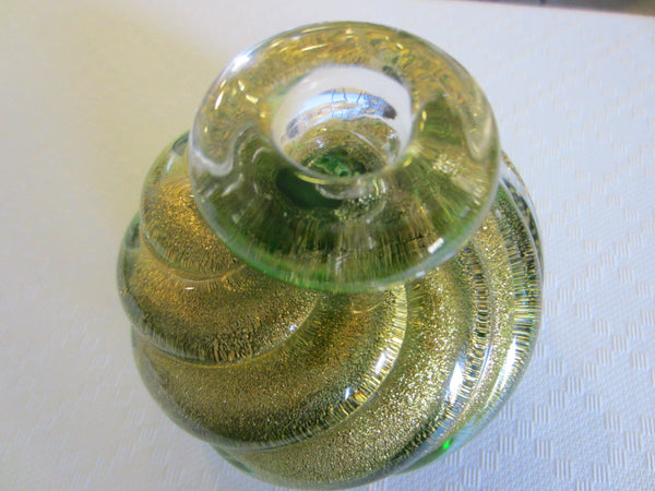 Murano Glass Spiral Bottle Shaped Gold Specks Signed Green Candleholder