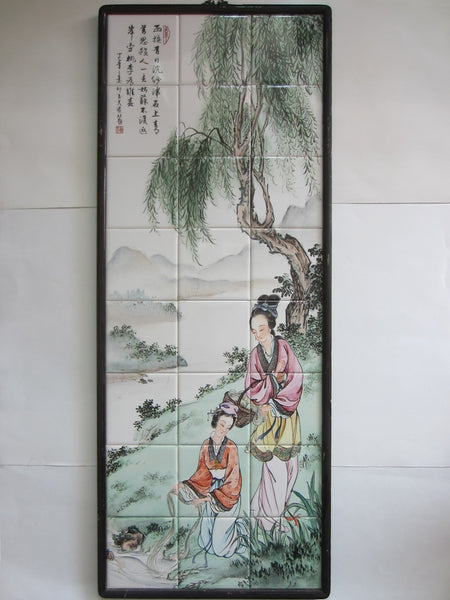 Hand Painted Botanical Chinoiserie Figurative Signed Porcelain Tiles