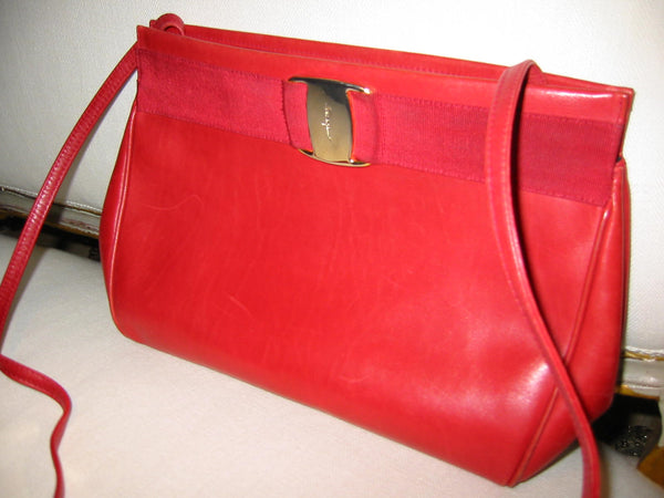 Salvatore Ferragamo Red Leather Clutch Cross Body Long Strap Handbag - Designer Unique Finds 
