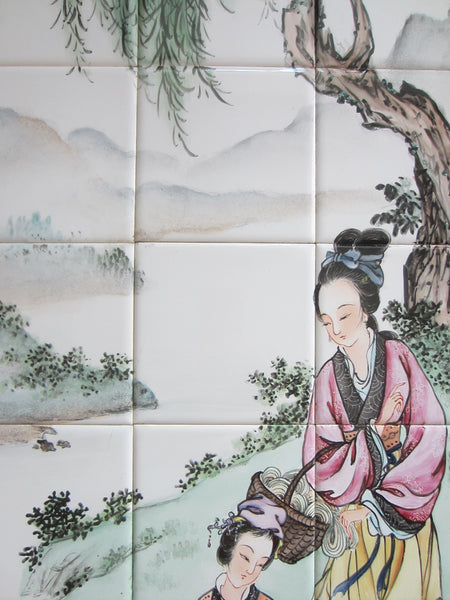 Hand Painted Botanical Chinoiserie Figurative Signed Porcelain Tiles