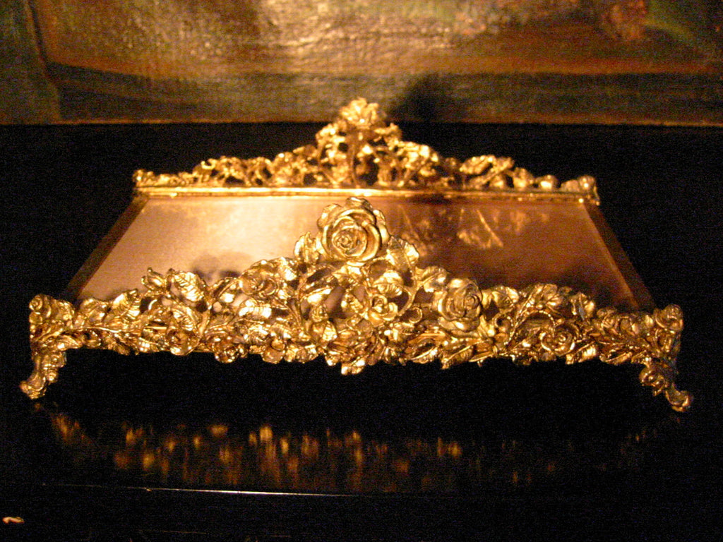 Art Deco Brass Footed Tray Rose Decorated Matson Style Vanity Display - Designer Unique Finds 
