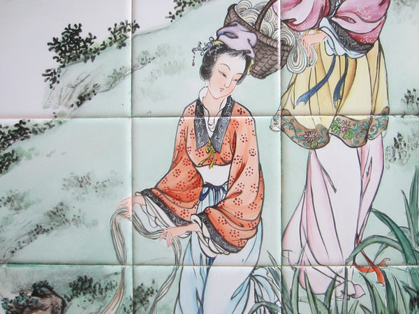 Hand Painted Botanical Chinoiserie Figurative Signed Porcelain Tiles