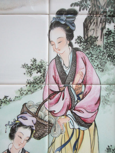 Hand Painted Botanical Chinoiserie Figurative Signed Porcelain Tiles