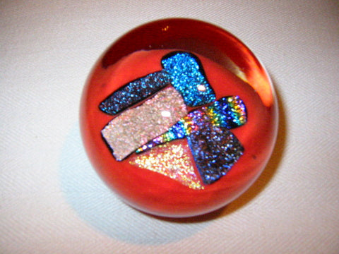 Rose Johnson Red Glass Paperweight Shimmer Gold Blue Specs Signed By Artist - Designer Unique Finds 