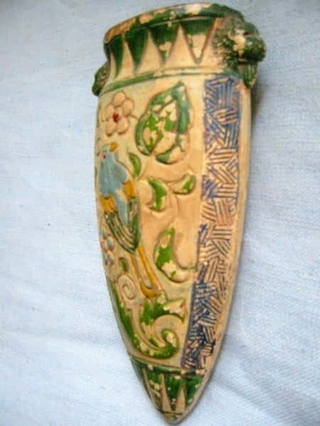 Japanese Hand Painted Accentuated Majolica Bird Floral Wall Pocket