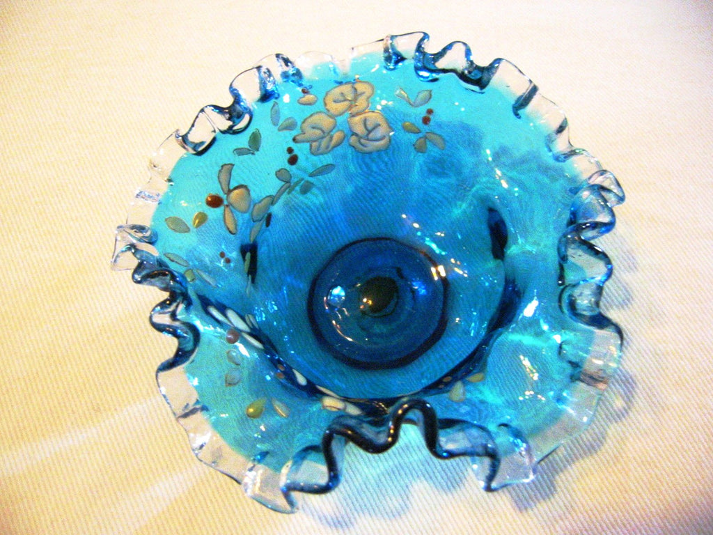 Indigo Blue Blown Ribbed Glass Floral Enameling Bowl - Designer Unique Finds 