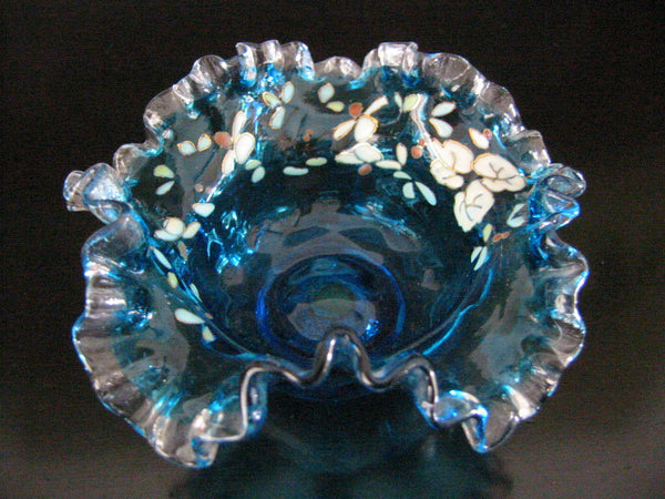 Indigo Blue Blown Ribbed Enameling Glass Bowl White Flowers Gilt Decorated - Designer Unique Finds 