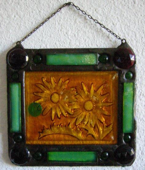 Stained Glass Sun Catcher Folk Art Leaded Glass Depicting Jeweled Sunflower - Designer Unique Finds 
 - 2