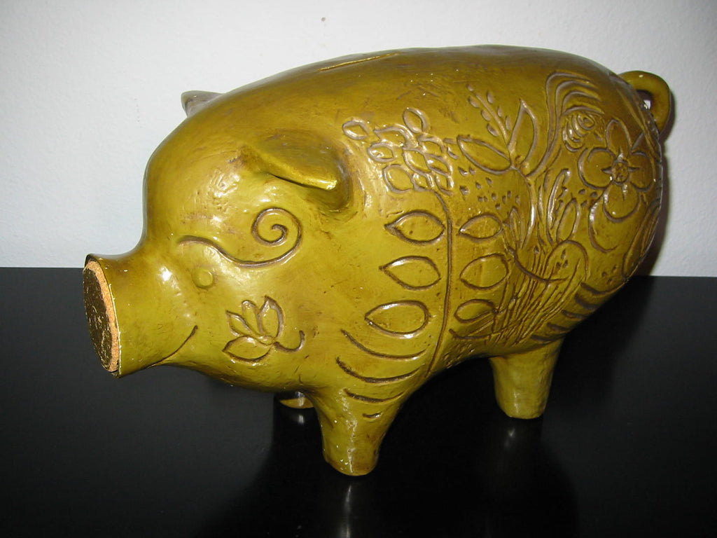 California Pottery Piggy Bank Cork Stopper Floral Etching Signed - Designer Unique Finds 