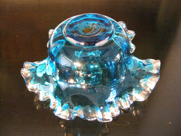 Indigo Blue Blown Ribbed Enameling Glass Bowl White Flowers Gilt Decorated - Designer Unique Finds 