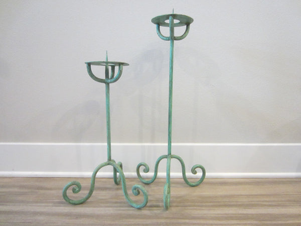 Modern Sea Green Tole Tripod Candlesticks 