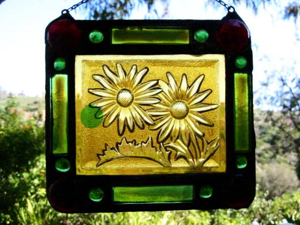 Stained Glass Sun Catcher Folk Art Leaded Glass Depicting Jeweled Sunflower - Designer Unique Finds 
 - 1