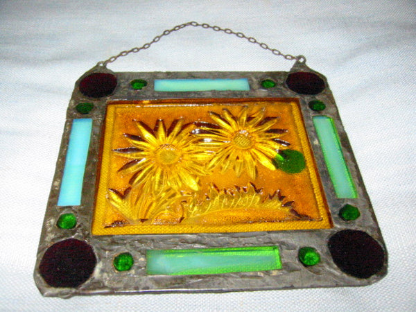 Stained Glass Sun Catcher Folk Art Leaded Glass Depicting Jeweled Sunflower - Designer Unique Finds 
 - 4