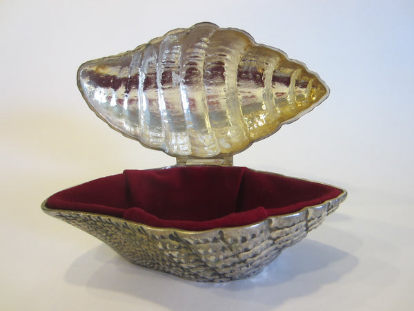 Clam Style Silver Plate Jewelry Box Hinged Red Velvet Interior