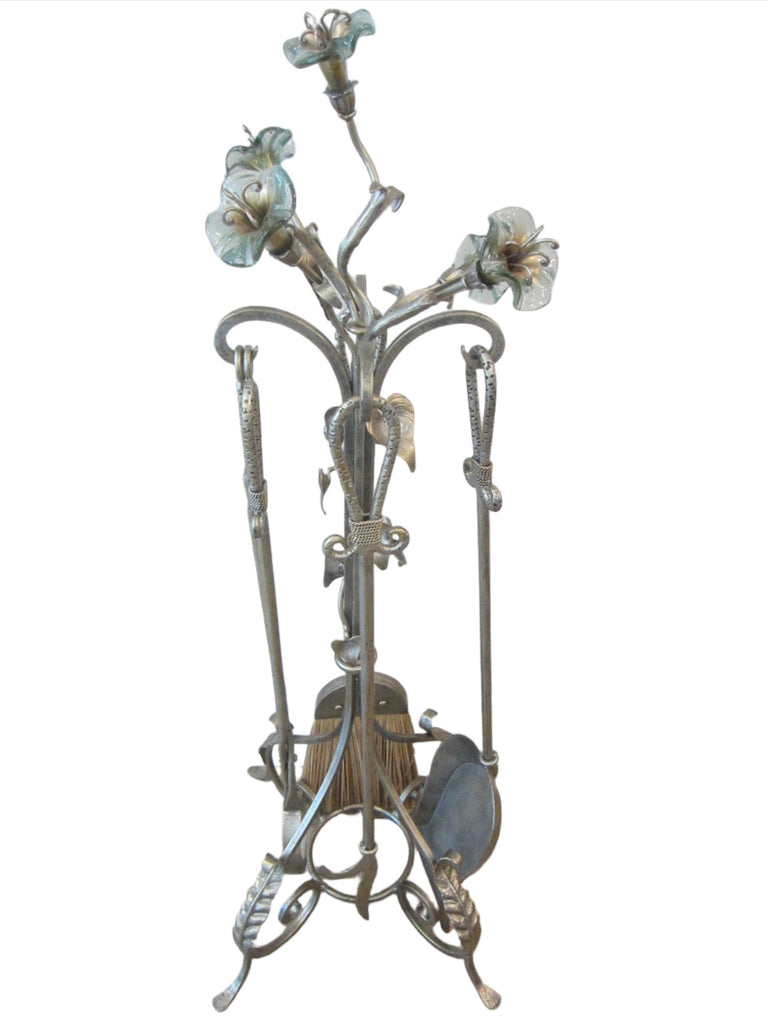 Janice Minor Design Wrought Iron Amaryllis Glass Flowers Fireplace Tool Set 