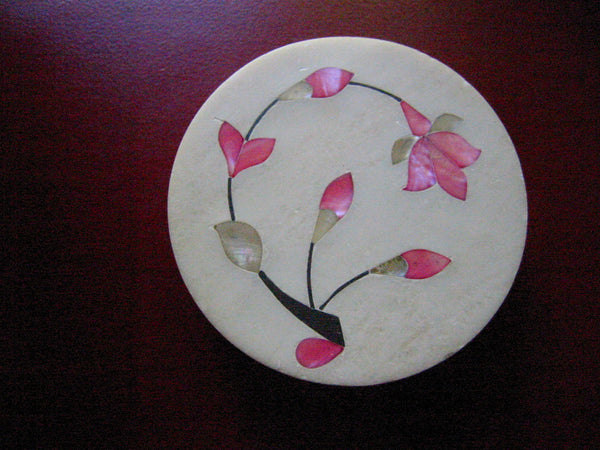 Pietra Dura Alabaster Box Inlaid Pink Mother Of Pearl Stem Flowers - Designer Unique Finds 