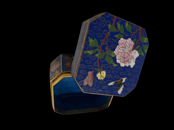 Asian Cloisonne Hexagon Miniature Floral Enameling Metal Trinket Box