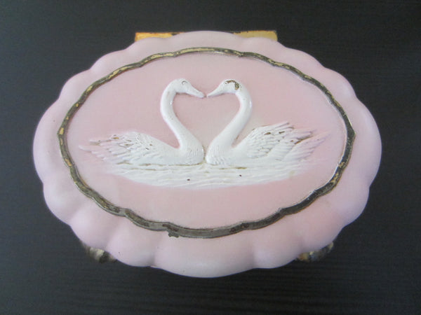 Sankyo Japan Pink Oval White Swans Lilies Musical Jewelry Box
