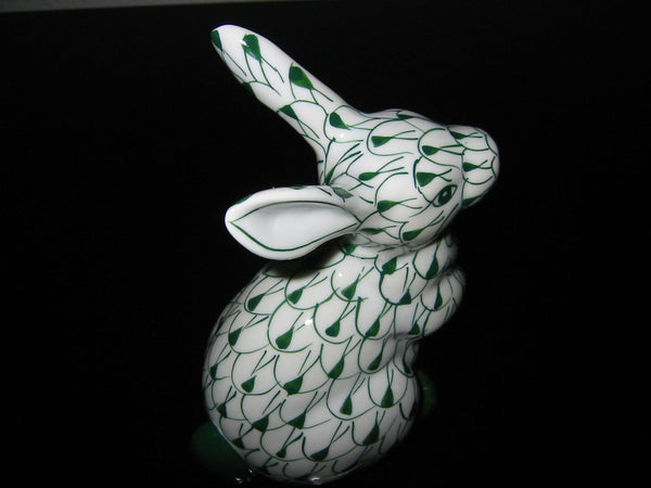 Herend Style Green On White Porcelain Rabbit Statue Marked Hand Painted