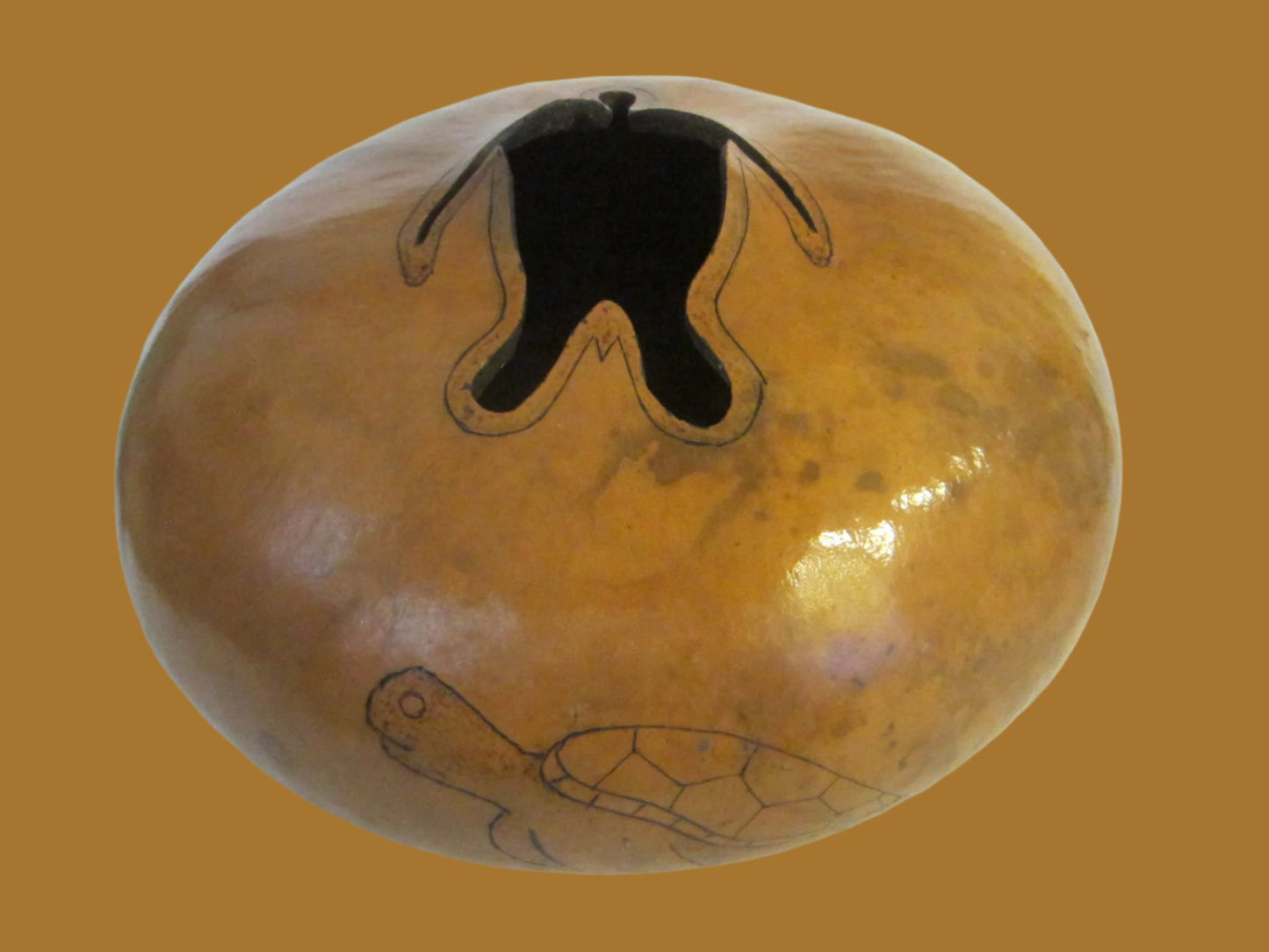 Sea Turtle Gourd Figurative Vessel Signature Hand Carving Bowl