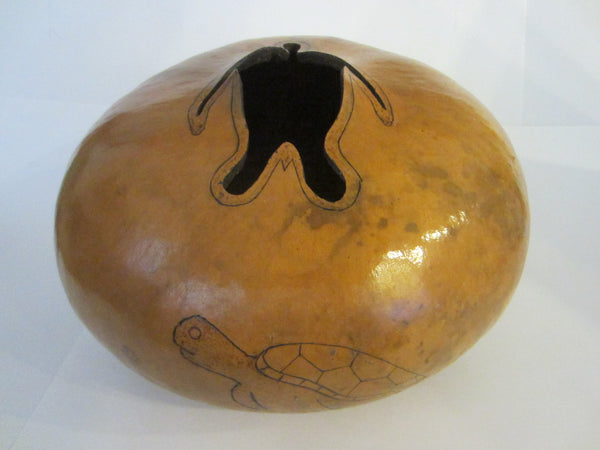 Sea Turtle Gourd Decorative Vessel Signature Hand Carving Bowl
