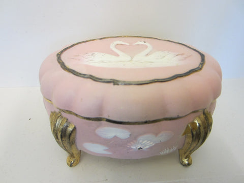 Sankyo Japan Pink Oval White Swans Lilies Musical Jewelry Box