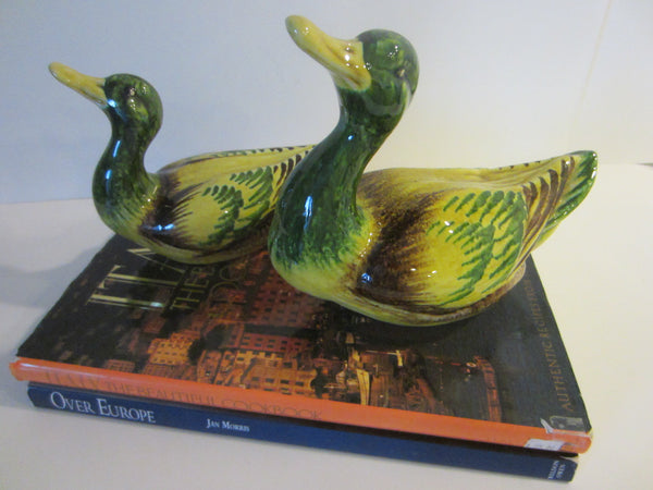 Italian Green Ceramic Ducks Yellow Accent - Designer Unique Finds 