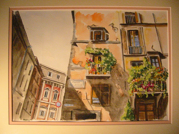 Piazza Pollarola City View Impressionist Italian Signed Watercolor - Designer Unique Finds 