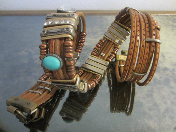 Tribal Tan Leather Belt Turquoise Rhinestone Cabochons Various Beads - Designer Unique Finds 