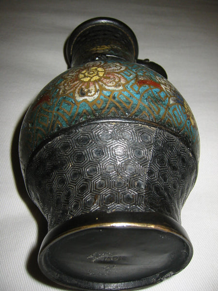 Art Deco Champleve Japanese Vase Figurative Handle Enamel Over Metal - Designer Unique Finds 