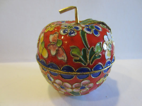 Oriental Stem Enameled Red Apple Box Decorated Flowers Butterflies - Designer Unique Finds 