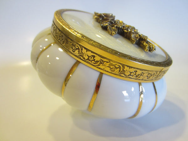 White Porcelain Matson Powder Jar Bronze Rose Bouquet Medallion Cover Gold Stripes - Designer Unique Finds 