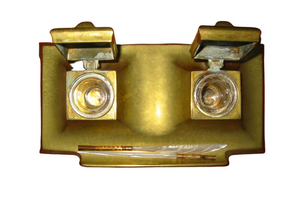 Art Deco Brass Inkstands Double Glass Inserts - Designer Unique Finds 
 - 3