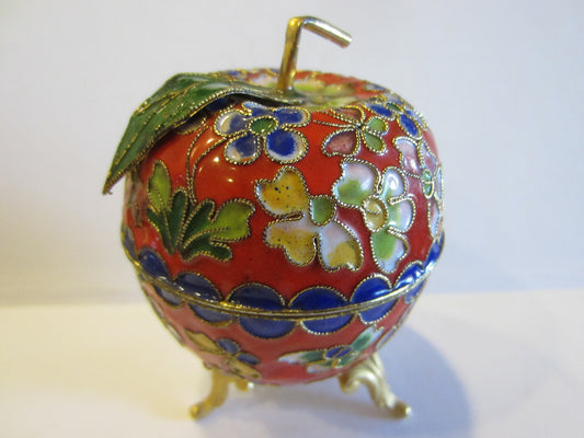 Oriental Stem Enameled Red Apple Box Decorated Flowers Butterflies - Designer Unique Finds 