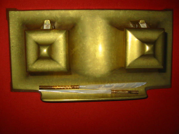 Art Deco Brass Inkstands Double Glass Inserts - Designer Unique Finds 
 - 4