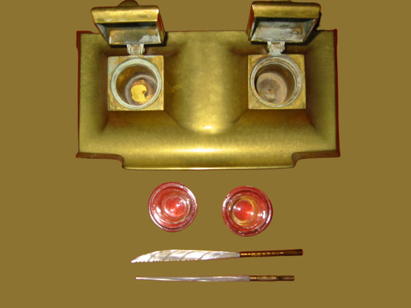 Art Deco Brass Double Inkstands Glass Inserts