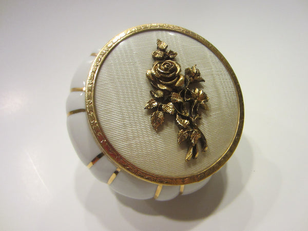 White Porcelain Matson Powder Jar Bronze Rose Bouquet Medallion Cover Gold Stripes - Designer Unique Finds 