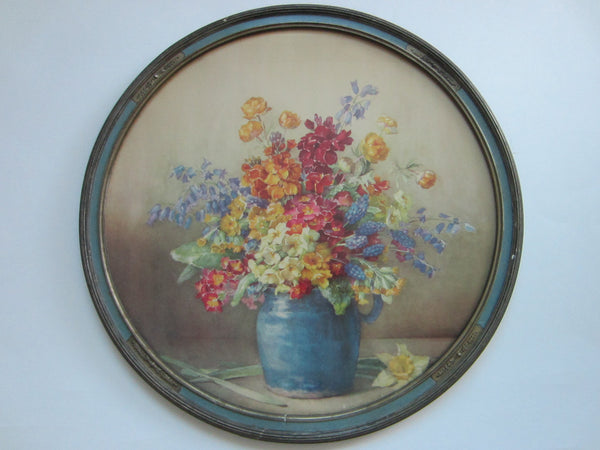 Still Life Print Flowers In Blue Pot In Original Circular Floral Gilt Frame