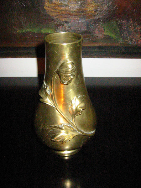 Japan Folk Art Deco Brass Vase Applied High Relief Raised Stem Flower - Designer Unique Finds 
 - 2